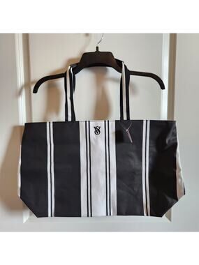 Victoria's Secret Black & White Striped Canvas Zipper Tote Bag (Brand New)